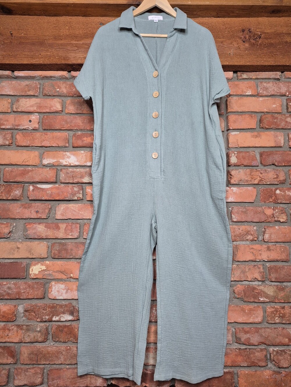 Mabel 100% Cotton Gauze Jumpsuit M/L Sage Wide Leg Cropped Boho Lagenlook - Picture 1 of 8